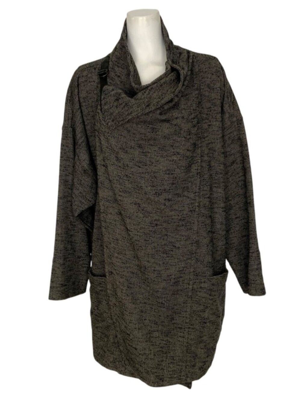 Eileen Fisher High Collar Coat M/L Black Wool Blend Lagenlook